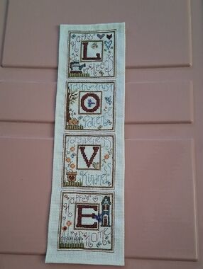 Handmade 'LOVE' Cross Stitch Panel in Cream and Brown
